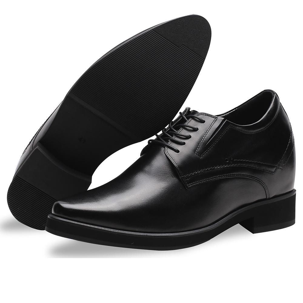 Rear view of black men’s platform shoes with 10cm total lift, highlighting 3.5cm visible heel and concealed 6.5cm insole for improved posture and confidence.