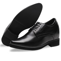 Rear view of black men’s platform shoes with 10cm total lift, highlighting 3.5cm visible heel and concealed 6.5cm insole for improved posture and confidence.