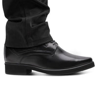 Elegant black platform dress shoes for men, Mr. Rachmaninoff, featuring 4-inch height increase, lace-up design, and cushioned polyurethane insole for comfort.