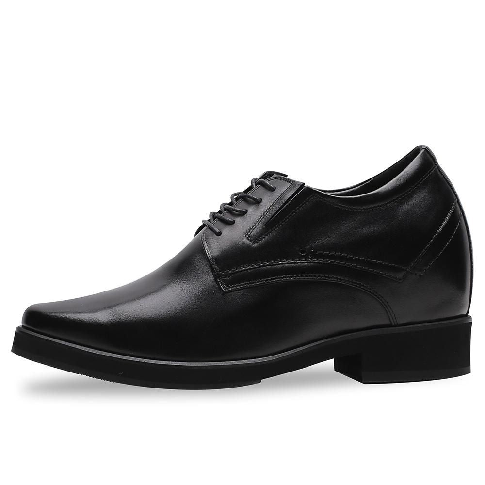 Side view of Mr. Rachmaninoff men’s black 10cm height-increasing shoes, rubber outsole, visible heel 3.5cm, and built-in hidden lift 6.5cm.