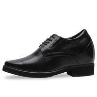 Side view of Mr. Rachmaninoff men’s black 10cm height-increasing shoes, rubber outsole, visible heel 3.5cm, and built-in hidden lift 6.5cm.