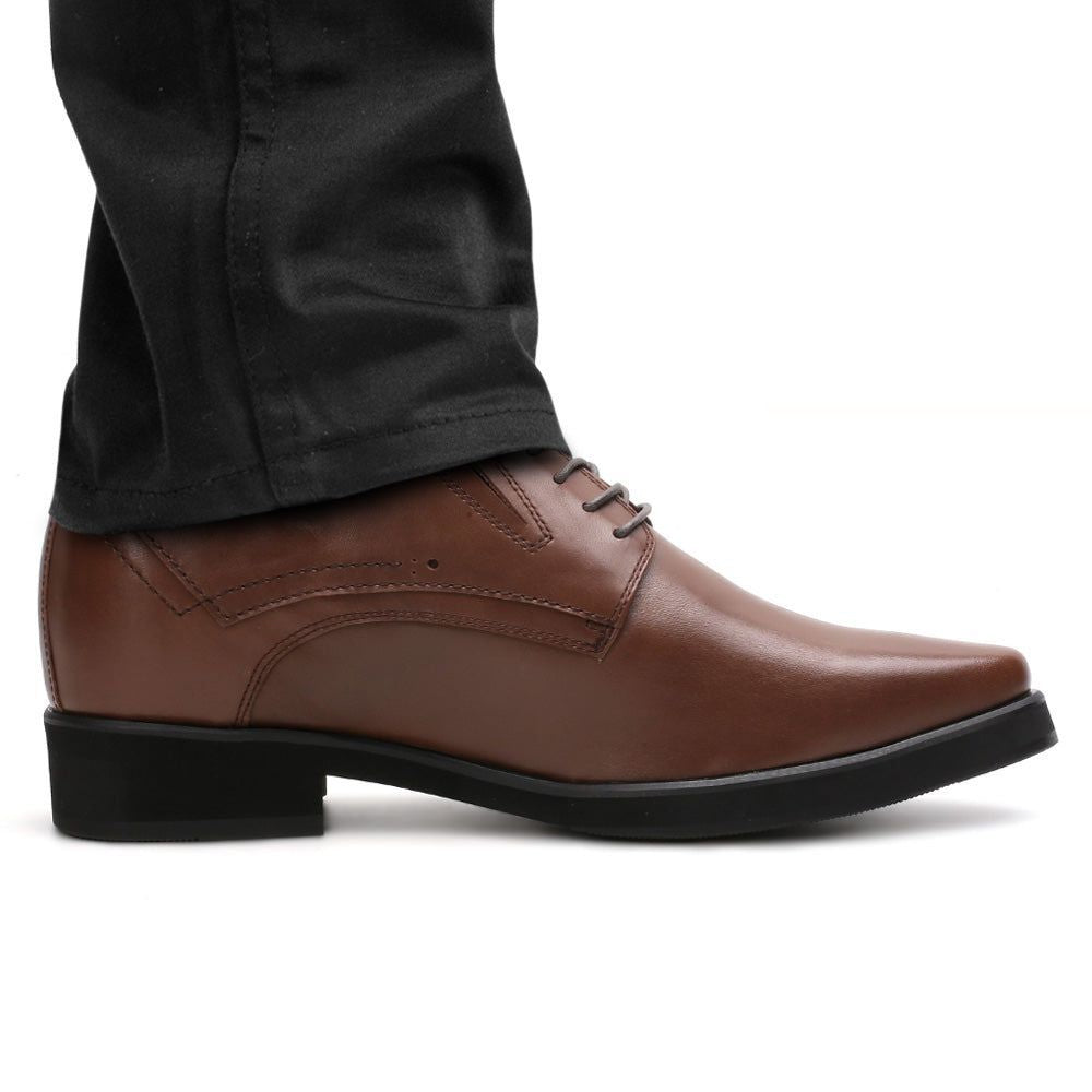 Side view of Mr. Rachmaninoff brown leather men’s 10cm elevator dress shoe, showing 3.5cm visible heel and 6.5cm hidden insole for formal occasions