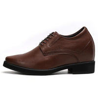 Close-up of Mr. Rachmaninoff brown leather elevator shoes showing fine stitching, premium cow leather texture, and cushioned hidden insole for all-day comfort.