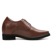 Side view of Mr. Rachmaninoff brown leather men’s 10cm elevator dress shoe, showing 3.5cm visible heel and 6.5cm hidden insole for formal occasions