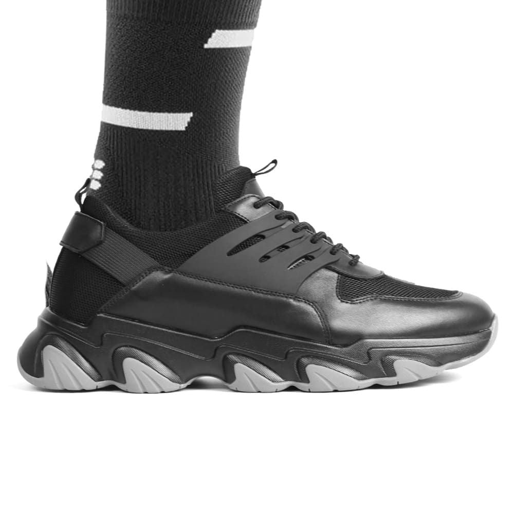 Mr. Shapiro height-increasing sneakers for men, black mesh and leather, 8cm elevator shoes for taller look.