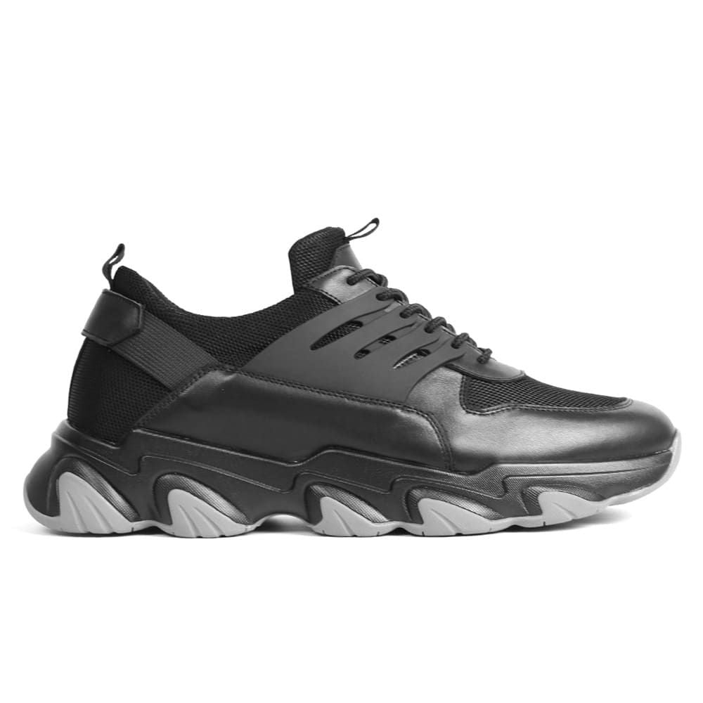 Mr. Shapiro height-increasing sneakers for men, black mesh and leather, 8cm elevator shoes for taller look.