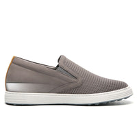 Side view of Mr. Schleiger grey leather elevator shoes for men with 6cm total height increase, featuring premium cow leather upper and sleek slip-on skate-style design.