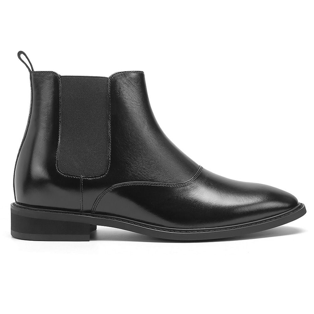 Elegant black dress boots with a slip-on design and hidden height boost