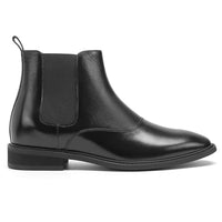 Elegant black dress boots with a slip-on design and hidden height boost